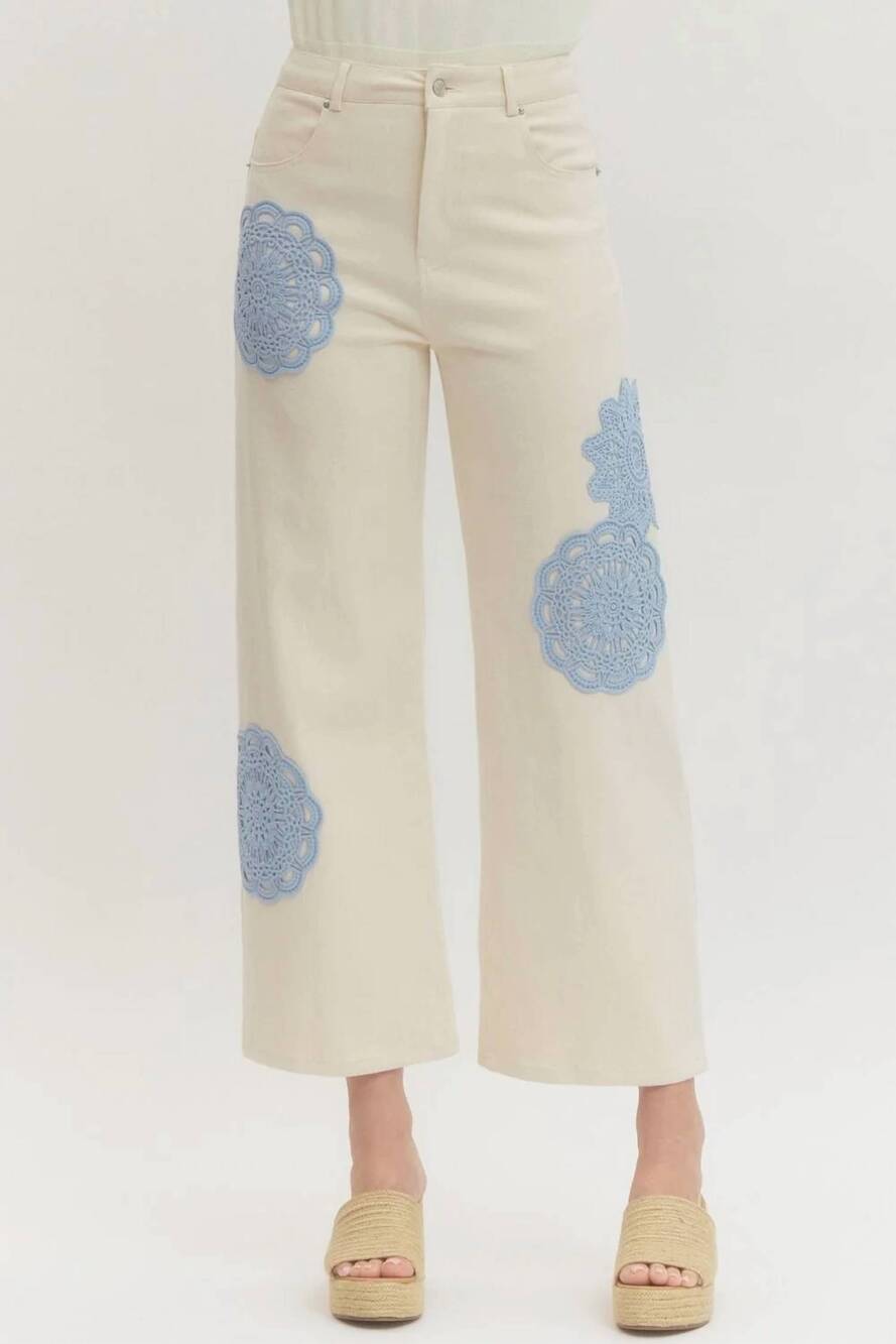 NEW ENTRO lace applique wide leg pants in cream